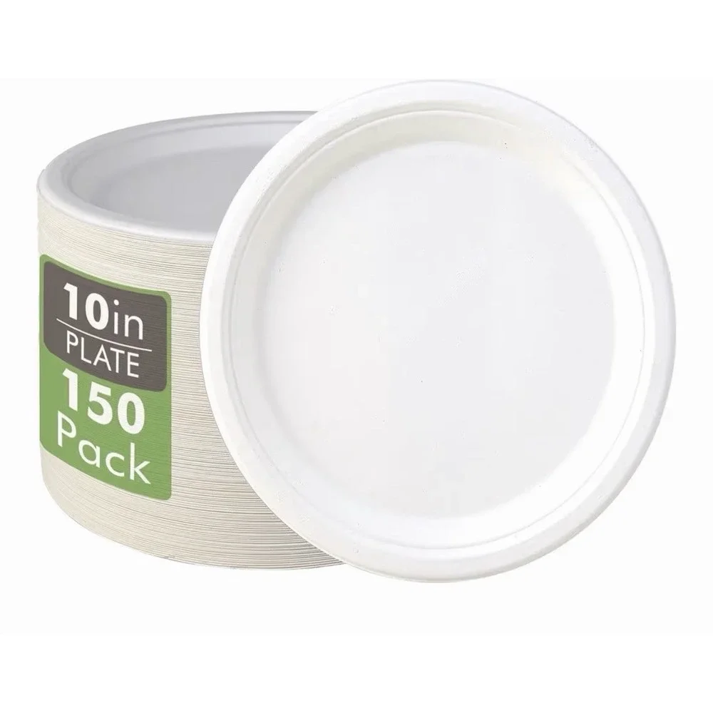 Vplus 150 Pack Compostable Disposable Paper Plates 10.25 inch Super Strong
